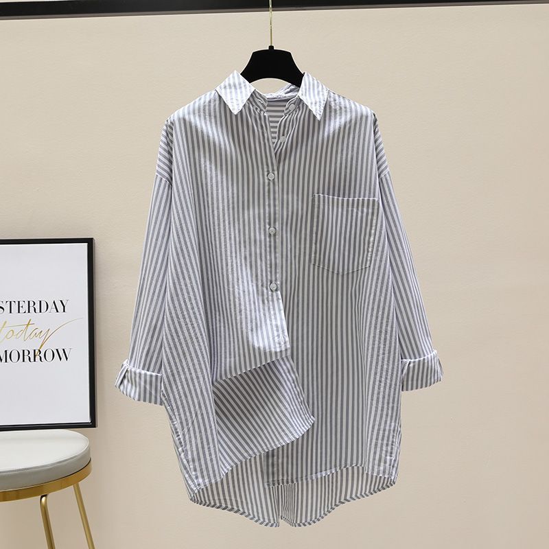 Effortless Striped Blouse for Women with Collar Long Sleeve Oversized High Low Hem Relaxed Style