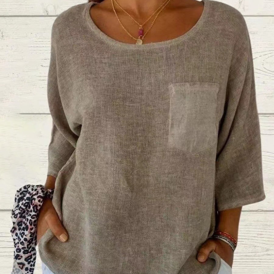 Effortless Linen Blouse for Women with Round Neck Elbow Sleeve Patch Pocket Relaxed Style