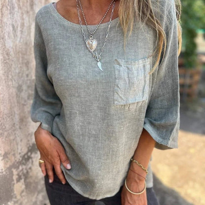 Effortless Linen Blouse for Women with Round Neck Elbow Sleeve Patch Pocket Relaxed Style