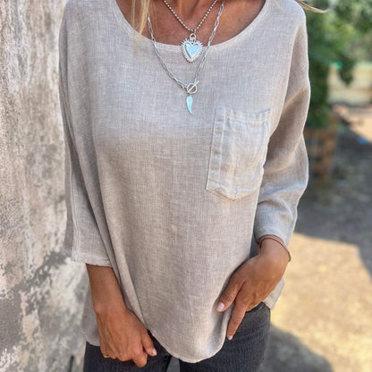 Effortless Linen Blouse for Women with Round Neck Elbow Sleeve Patch Pocket Relaxed Style