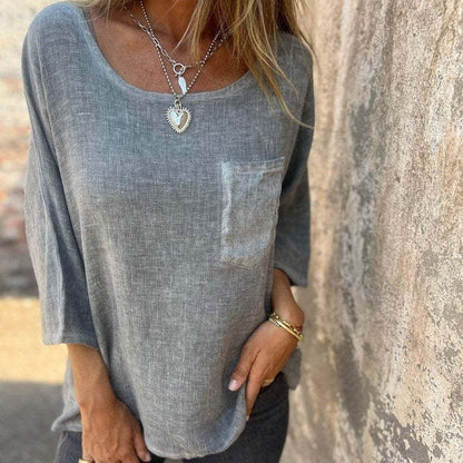 Effortless Linen Blouse for Women with Round Neck Elbow Sleeve Patch Pocket Relaxed Style