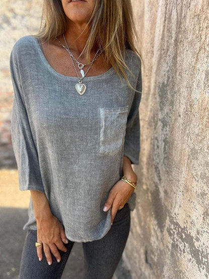 Effortless Linen Blouse for Women with Round Neck Elbow Sleeve Patch Pocket Relaxed Style
