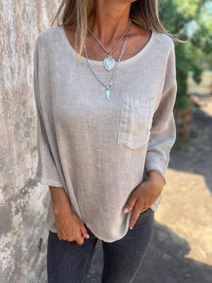 Effortless Linen Blouse for Women with Round Neck Elbow Sleeve Patch Pocket Relaxed Style
