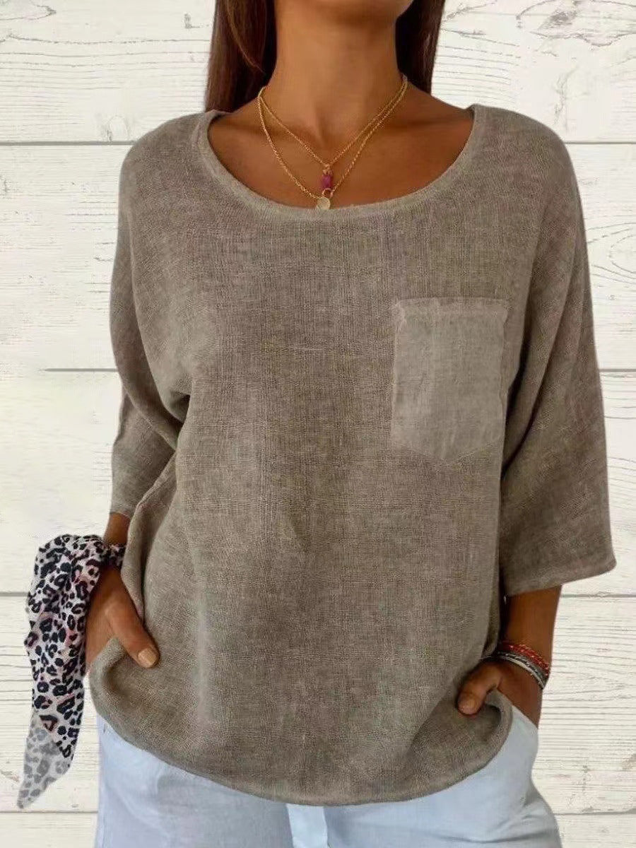 Effortless Linen Blouse for Women with Round Neck Elbow Sleeve Patch Pocket Relaxed Style