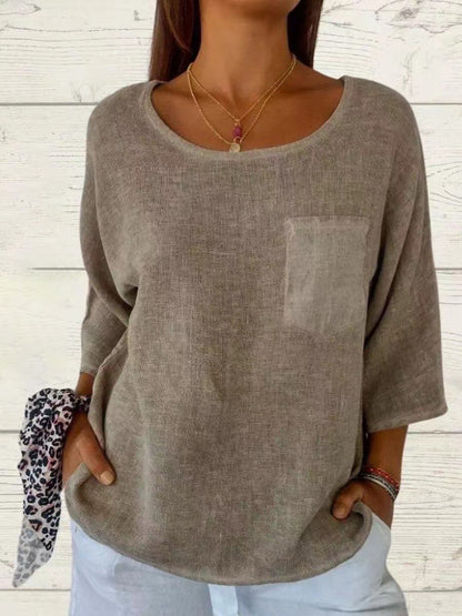 Effortless Linen Blouse for Women with Round Neck Elbow Sleeve Patch Pocket Relaxed Style