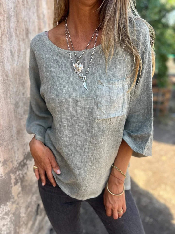 Effortless Linen Blouse for Women with Round Neck Elbow Sleeve Patch Pocket Relaxed Style