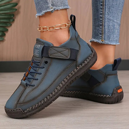 Comfortable Leather Sneakers for Women with Lace Up Velcro Strap Hand Stitched Casual Style