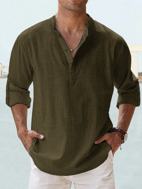 Effortless Linen Shirt for Women with Stand Collar Long Sleeve Button Placket Relaxed Casual Style