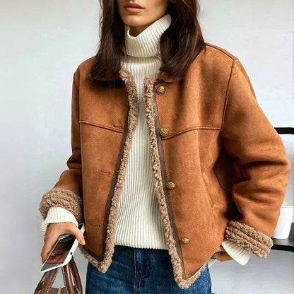 Women's Brown Shearling Suede Button Jacket