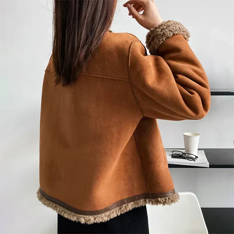Women's Brown Shearling Suede Button Jacket