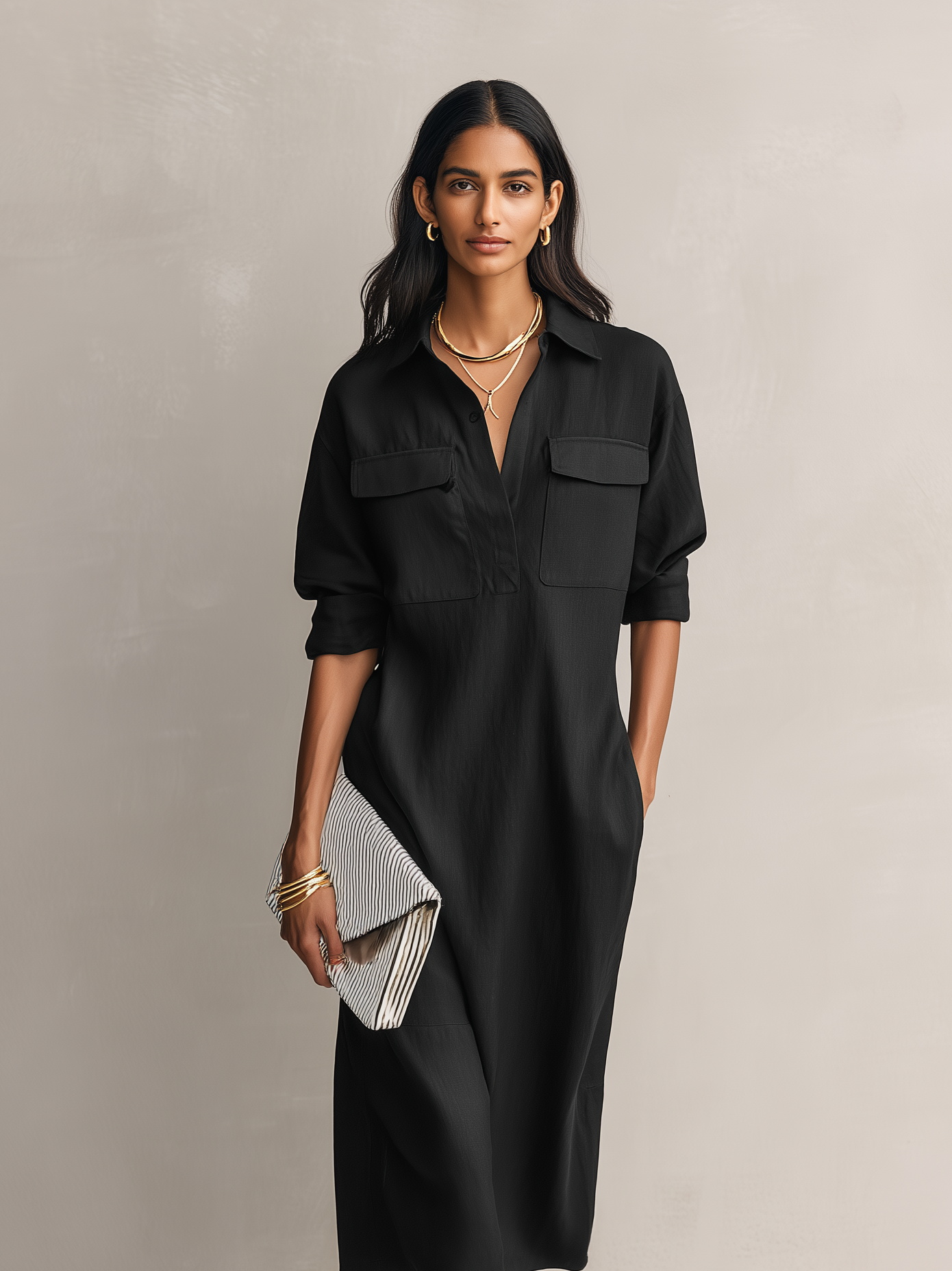 Elegant Black Shirt Dress for Women with Collar Long Sleeve Button Front Relaxed Midi Style