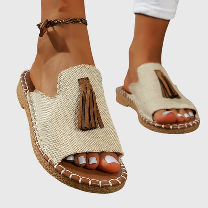 Effortless Tribal Print Toe Ring Sandal for Women with Tassel Flat Boho Style