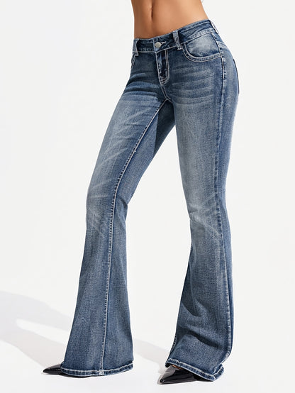 Stylish Blue Bell Bottom Jeans for Women with Low Rise Whisker Wash Flared Relaxed Style
