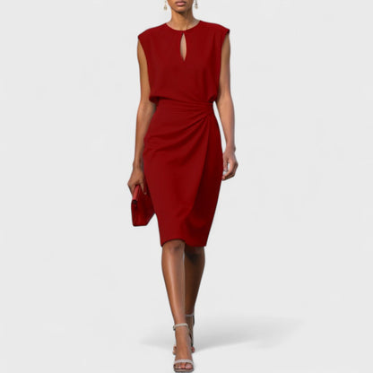 Elegant Keyhole Midi Dress for Women with Round Neck Cap Sleeve Ruched Wrap Cocktail Style