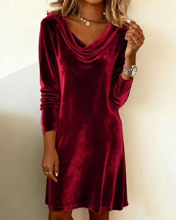 Elegant Velvet Cocktail Dress for Women with Cowl Neck Long Sleeve Bodycon Mini Style