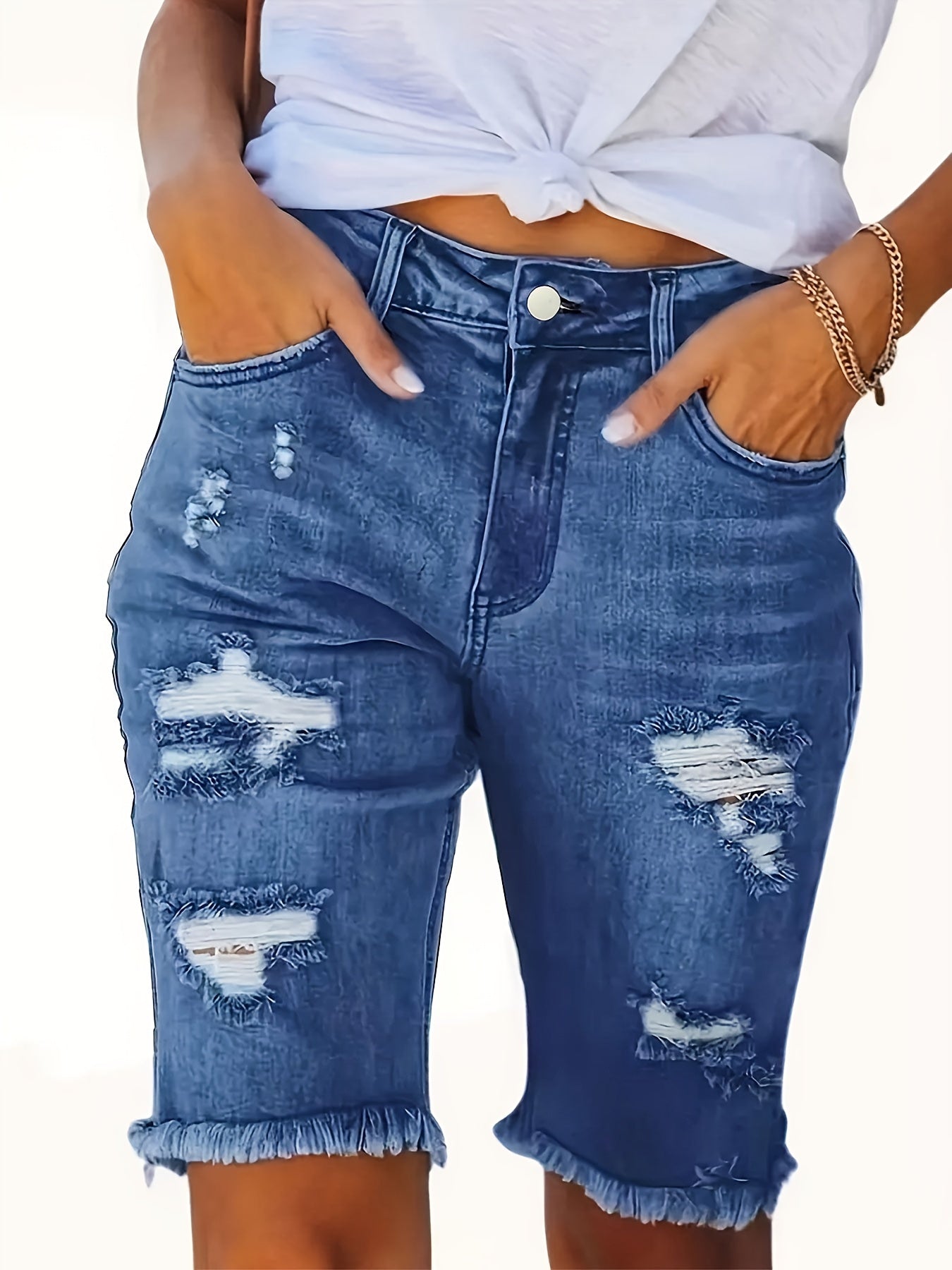 Comfortable Distressed Denim Bermuda Shorts for Women with High Waist Frayed Hem Stretch Casual Style