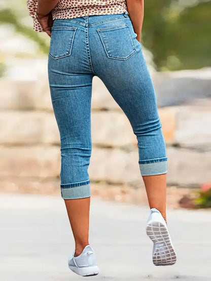 Effortless Blue Cropped Skinny Jeans for Women with High Waisted Cuffed Hem Relaxed Casual Style
