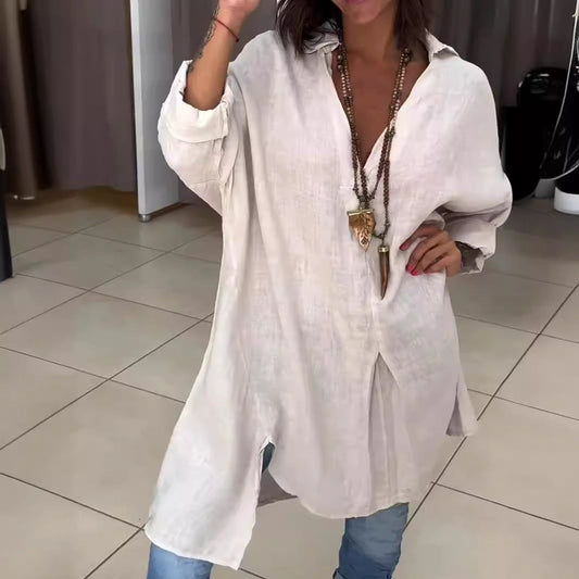 Effortless Linen Shirt Dress for Women with Collar Long Sleeve Side Slit Oversized Boho Style