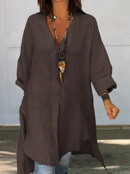 Effortless Linen Shirt Dress for Women with Collar Long Sleeve Side Slit Oversized Boho Style