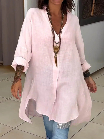 Effortless Linen Shirt Dress for Women with Collar Long Sleeve Side Slit Oversized Boho Style