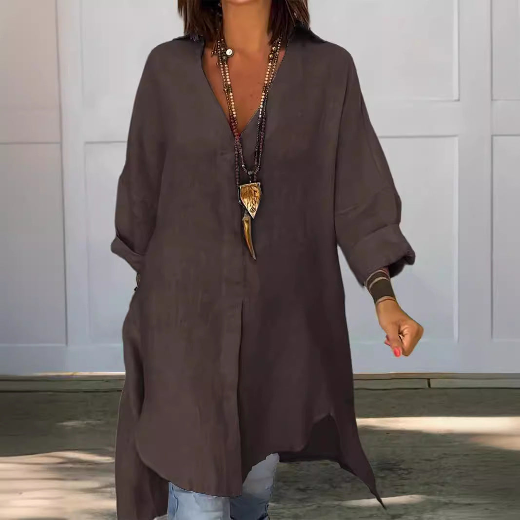 Effortless Linen Shirt Dress for Women with Collar Long Sleeve Side Slit Oversized Boho Style