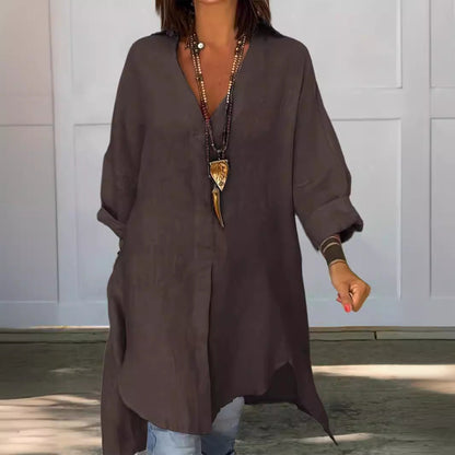 Effortless Linen Shirt Dress for Women with Collar Long Sleeve Side Slit Oversized Boho Style