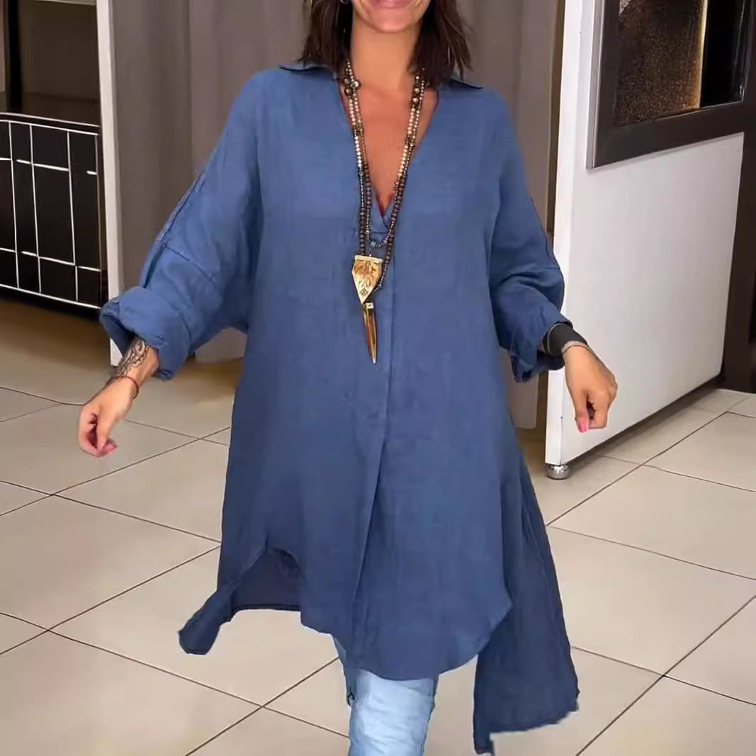 Effortless Linen Shirt Dress for Women with Collar Long Sleeve Side Slit Oversized Boho Style