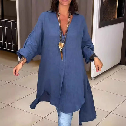 Effortless Linen Shirt Dress for Women with Collar Long Sleeve Side Slit Oversized Boho Style