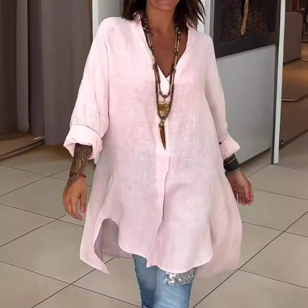 Effortless Linen Shirt Dress for Women with Collar Long Sleeve Side Slit Oversized Boho Style