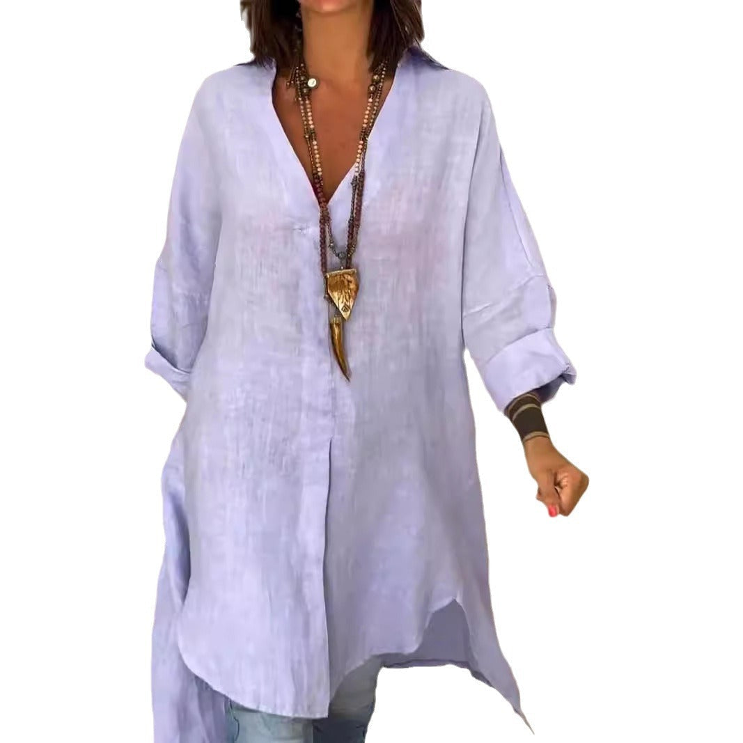Effortless Linen Shirt Dress for Women with Collar Long Sleeve Side Slit Oversized Boho Style