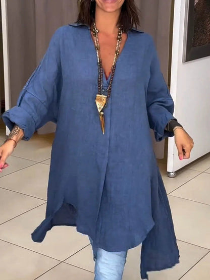 Effortless Linen Shirt Dress for Women with Collar Long Sleeve Side Slit Oversized Boho Style