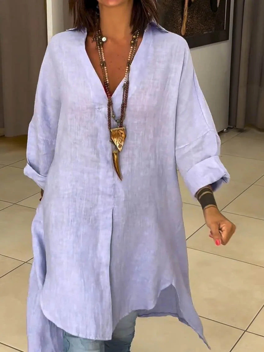 Effortless Linen Shirt Dress for Women with Collar Long Sleeve Side Slit Oversized Boho Style