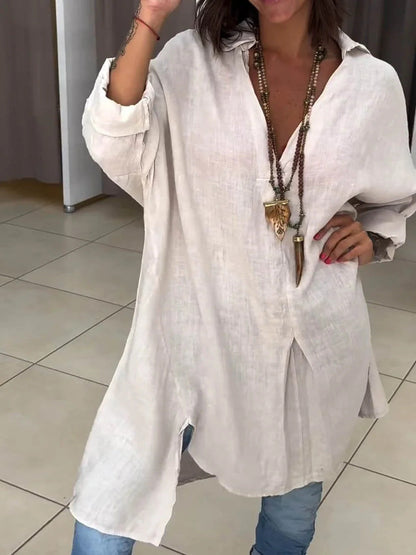 Effortless Linen Shirt Dress for Women with Collar Long Sleeve Side Slit Oversized Boho Style