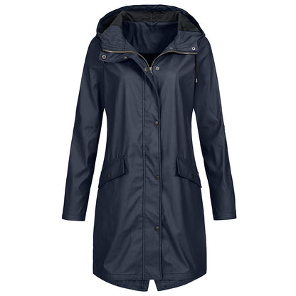 Effortless Hooded Rain Coat for Women with Stand Collar Long Sleeve Zip Front Mid Length Style