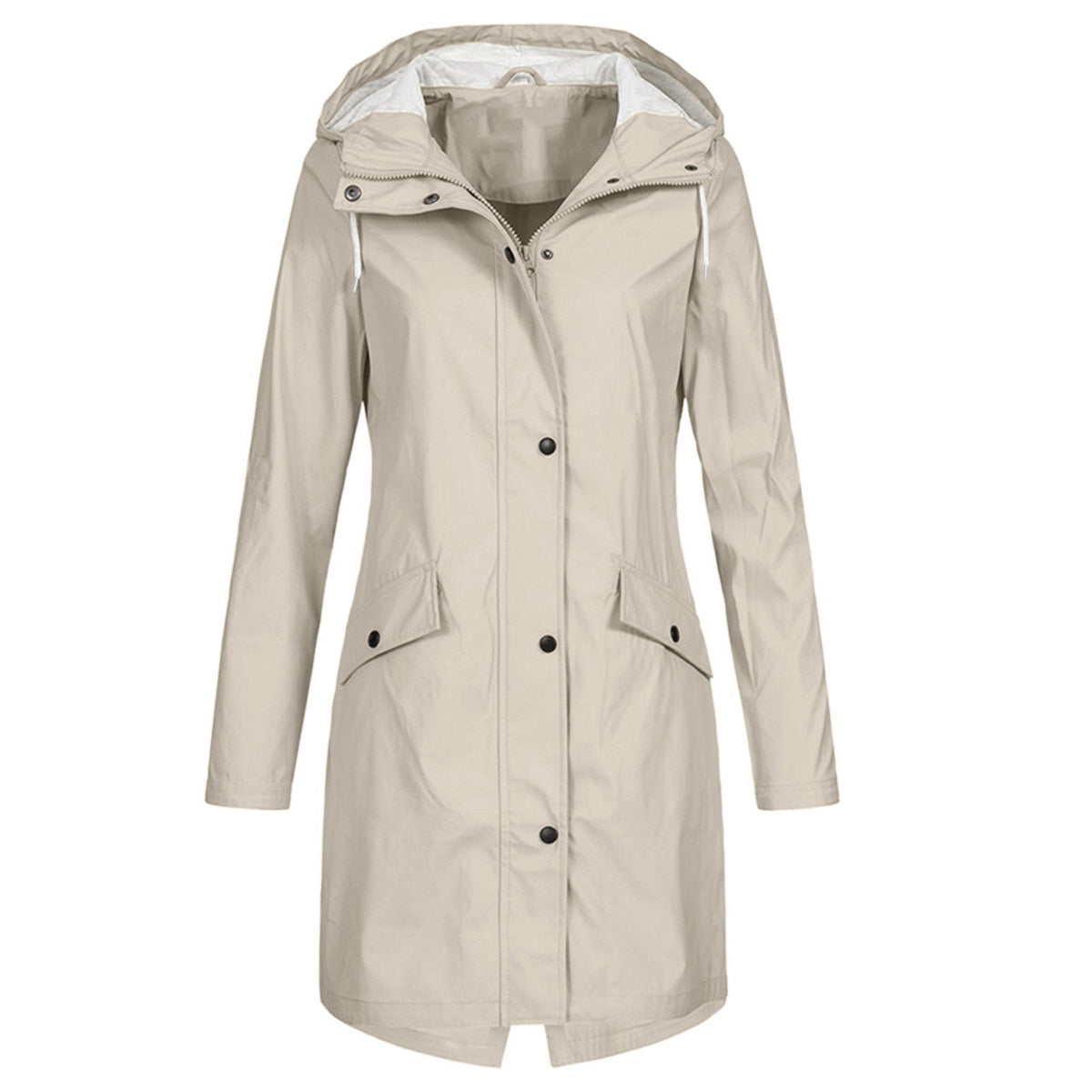 Effortless Hooded Rain Coat for Women with Stand Collar Long Sleeve Zip Front Mid Length Style