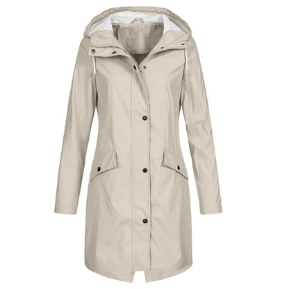 Effortless Hooded Rain Coat for Women with Stand Collar Long Sleeve Zip Front Mid Length Style