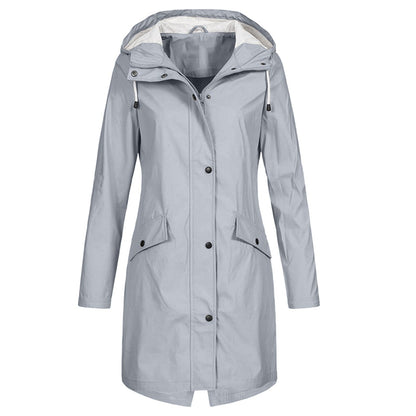 Effortless Hooded Rain Coat for Women with Stand Collar Long Sleeve Zip Front Mid Length Style