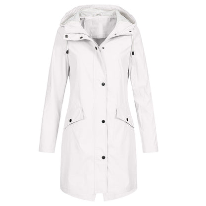 Effortless Hooded Rain Coat for Women with Stand Collar Long Sleeve Zip Front Mid Length Style