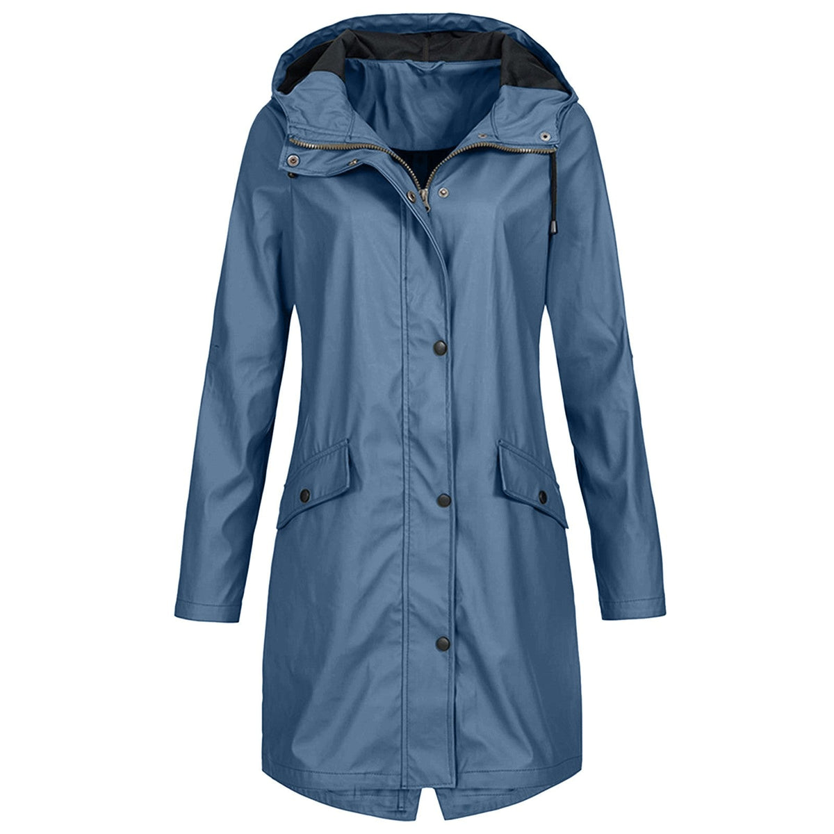 Effortless Hooded Rain Coat for Women with Stand Collar Long Sleeve Zip Front Mid Length Style