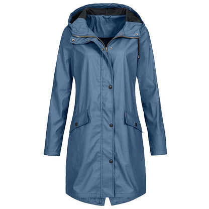 Effortless Hooded Rain Coat for Women with Stand Collar Long Sleeve Zip Front Mid Length Style