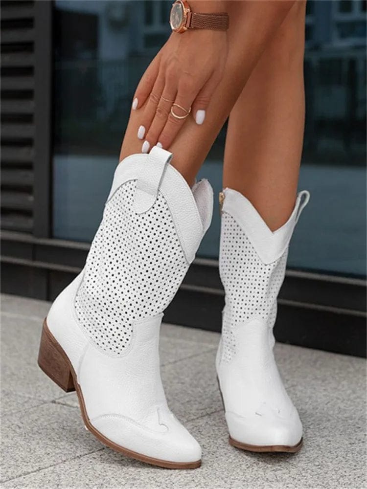 Statement White Western Boots for Women with Perforated Shaft Block Heel Ankle Cowboy Style