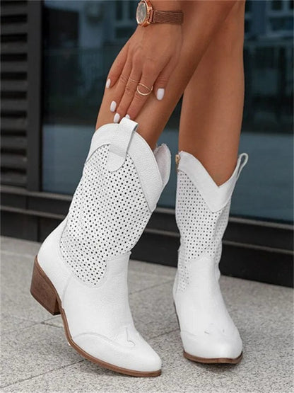 Statement White Western Boots for Women with Perforated Shaft Block Heel Ankle Cowboy Style