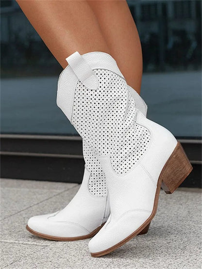 Statement White Western Boots for Women with Perforated Shaft Block Heel Ankle Cowboy Style