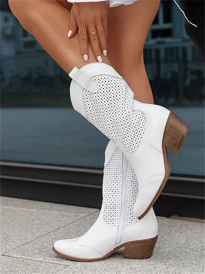 Statement White Western Boots for Women with Perforated Shaft Block Heel Ankle Cowboy Style