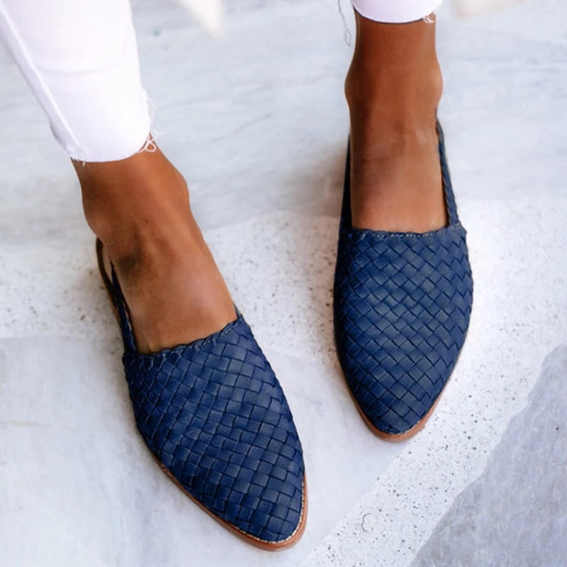 Stylish Woven Leather Flat for Women with Pointed Toe Slingback Braided Trim Casual Style