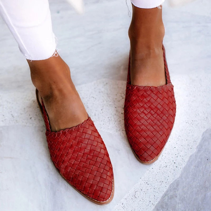Stylish Woven Leather Flat for Women with Pointed Toe Slingback Braided Trim Casual Style