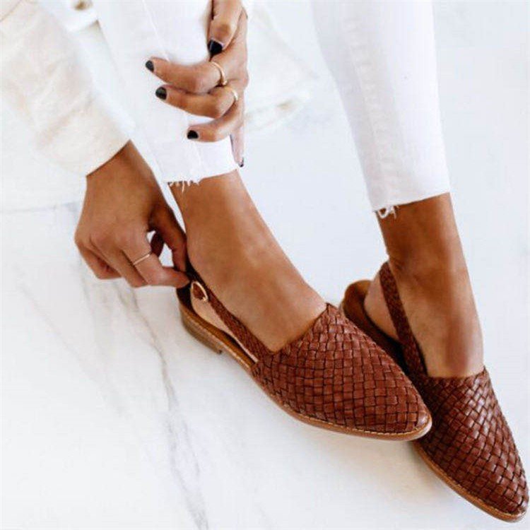 Stylish Woven Leather Flat for Women with Pointed Toe Slingback Braided Trim Casual Style