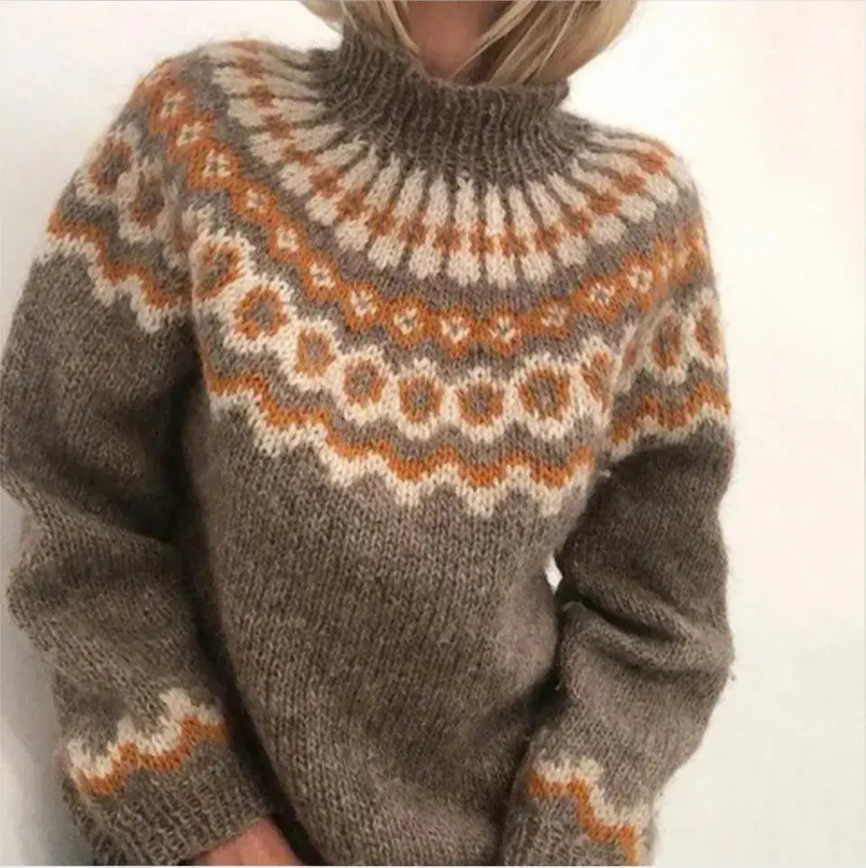 Warm Fair Isle Turtleneck Sweater for Women with Long Sleeve Alpine Knit Pullover Cold Weather Style