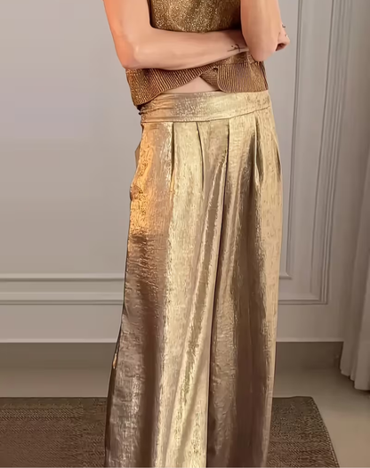 Elegant Wide Leg Pants Two Piece Set for Women with V Neck Short Sleeve Ribbed Knit Relaxed Style