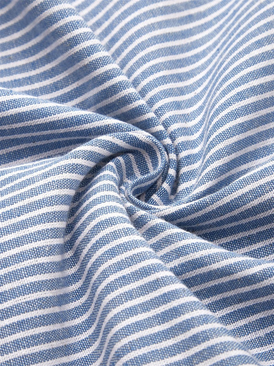 Effortless Striped Midi Dress for Women with Round Neck Short Sleeve Button Detail Pocket Casual Style
